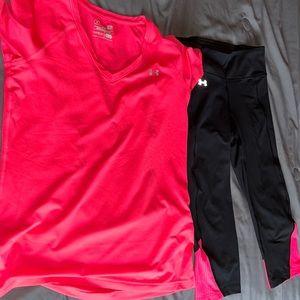 Under Armour hot pink and black workout outfit